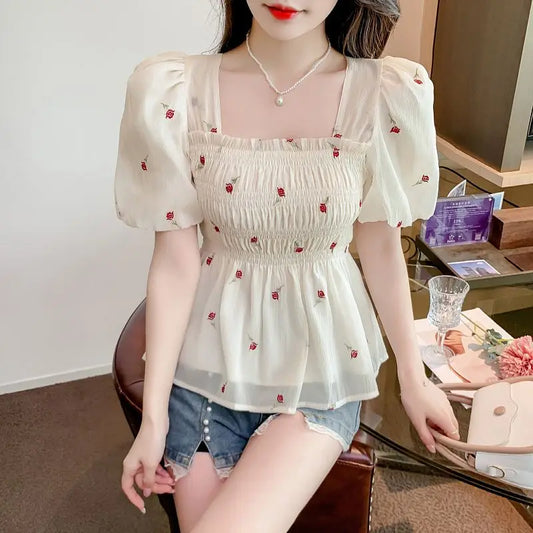 All-match Flower Printing Square Collar Shirring Chiffon Summer Pullover Puff Short Sleeve T-shirt Casual Women's Clothing Tops