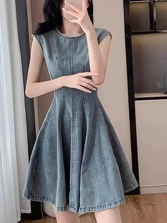 Summer New Retro Blue Denim Dr Slimming High Waist round Ne Svel A-Line Skirt Korean Sle Women's Faion Dr