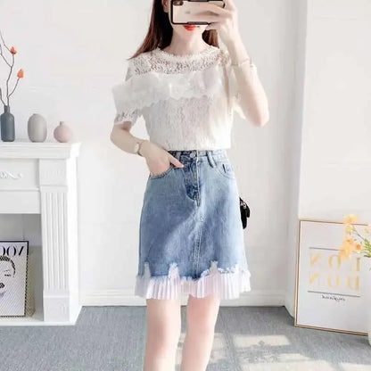 Short 2 Pieces Sets for Women Commuting Skirt White Mature Denim Sleeve Woman Outfit Blue Mini Kawaii Summer Fashion 2025 Full