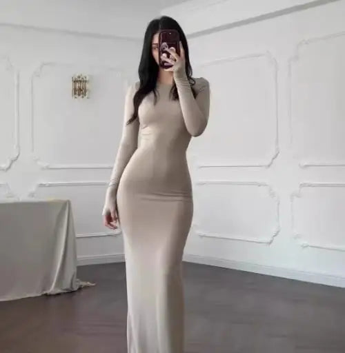 Womens Dresses 2025 Spring Autumn New Fashion Sexy Skinny Hip Hugging Comfortable Solid Color Casual Round Neck Long Dress