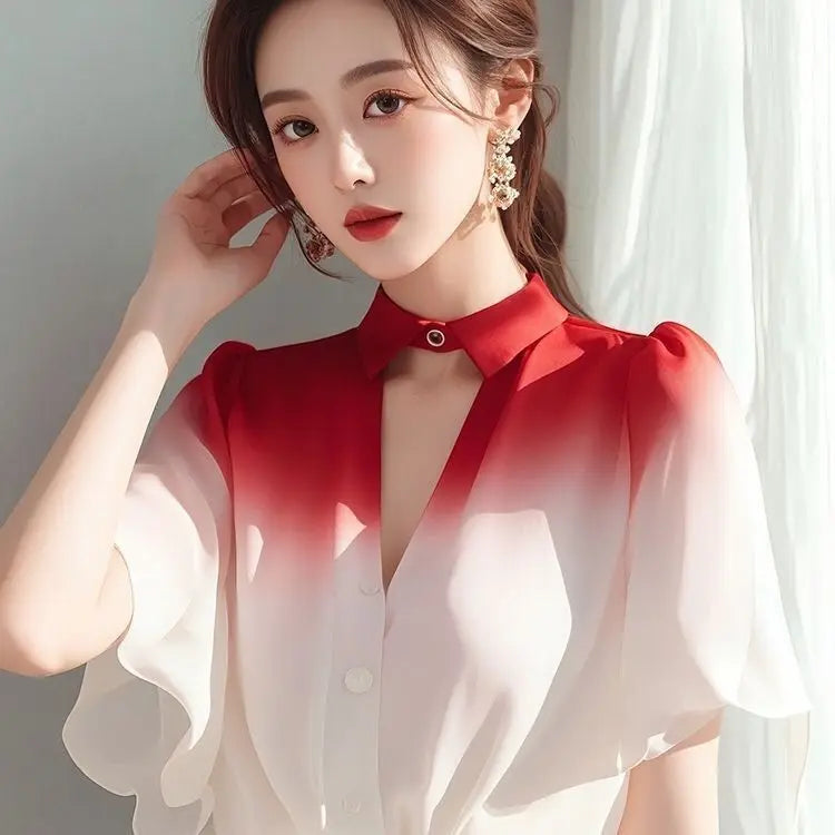 Gradient Shirt for Women with Mature French Lotus Leaf Sleeve Fairy Chiffon Top