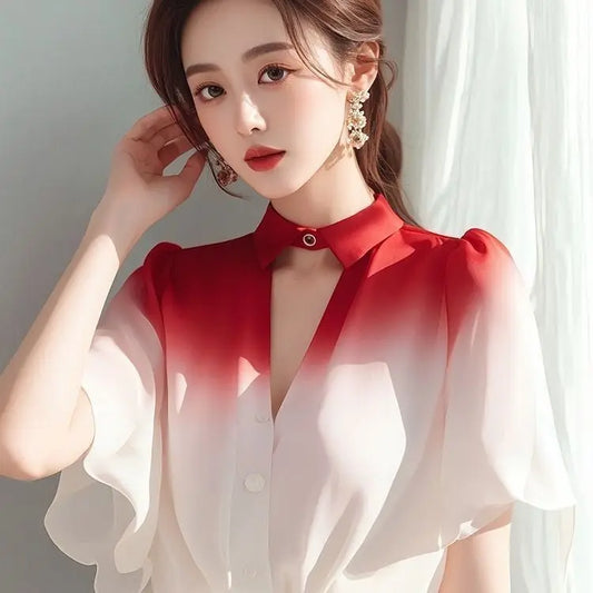 Gradient Shirt for Women with Mature French Lotus Leaf Sleeve Fairy Chiffon Top