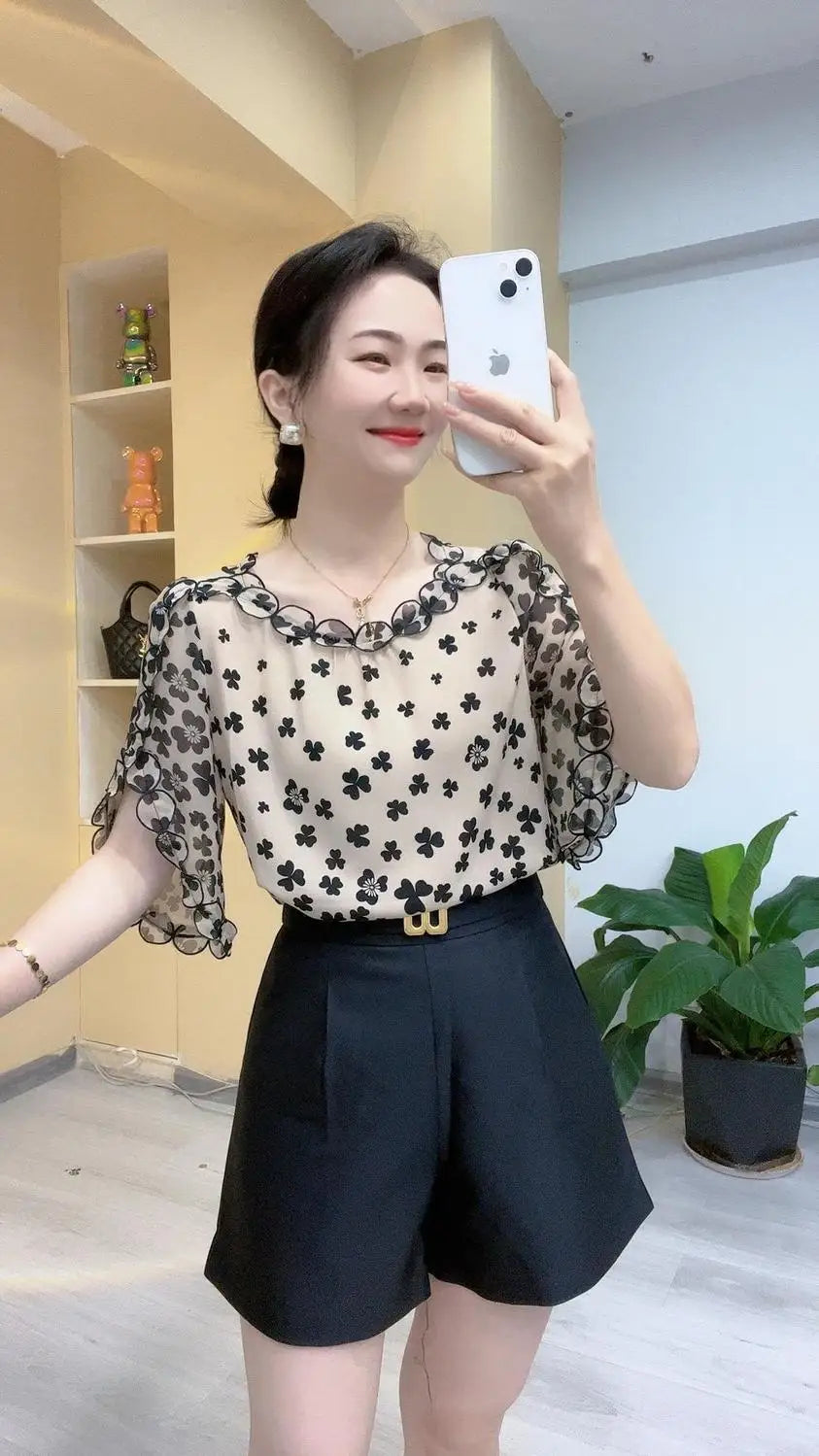 Elegant O-Neck Printed Folds Ruffles Flare Sleeve Blouses Women's Clothing 2024 Summer New Loose Korean Tops Office Lady Shirts