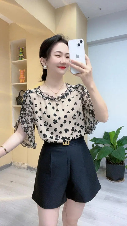 Elegant O-Neck Printed Folds Ruffles Flare Sleeve Blouses Women's Clothing 2024 Summer New Loose Korean Tops Office Lady Shirts