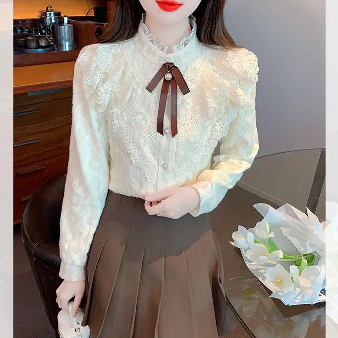 Women's Fce Lined Lace Blouse Thiened Autumn Winter Faion Inner Wear  Knot irt Stand Collar Regular Fit