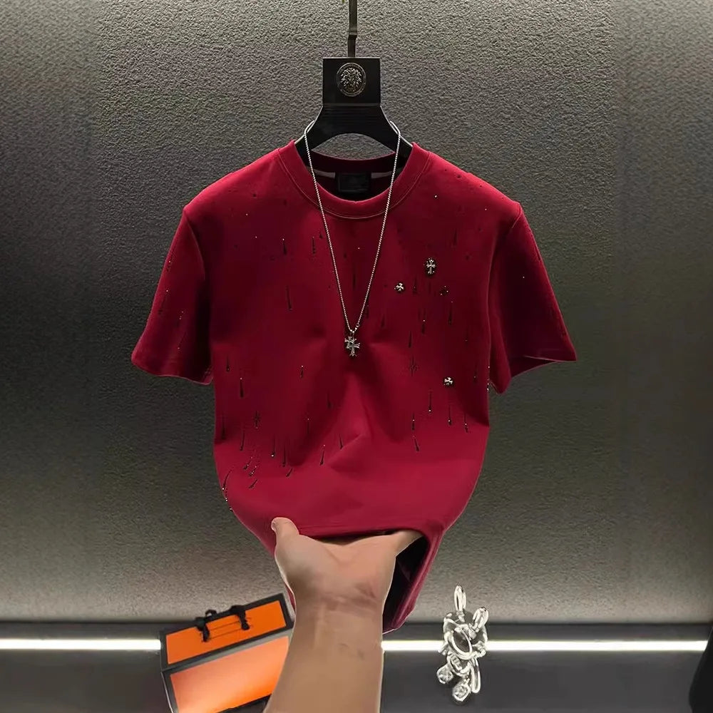 Spring New Heavy Work Light Luxury Custom Short Sleeve T-shirt Top Meteor Full Diamond T-shirt Round Neck Short Sleeve