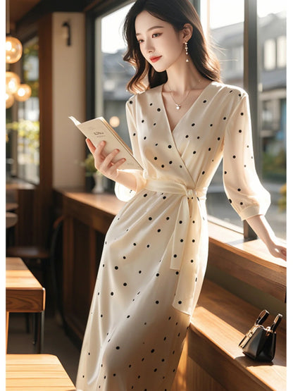 French retro dots V collar childen's summer 2025 new style elegant long dress