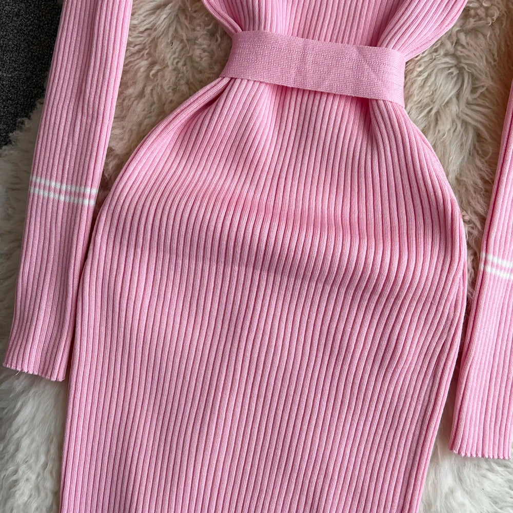 Women Dress 2025 Autumn Winter Elegant Rib Knit Long Pencil Dress with Belt Office Lady Bodycon Sweater Dress Vestidos
