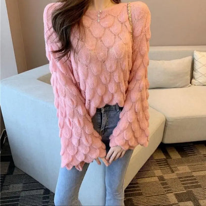Hot 2026 Autumn Winter New European American Women's Fashion Hollow Loose Knitted Sweater Round Neck Trumpet Sleeve Head Sweater