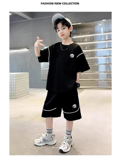 Boys Suit Child set Clothes Short-Sleeved loose black t-shirt + half pants Teenager Tracksuits Kids 8 10 12 year