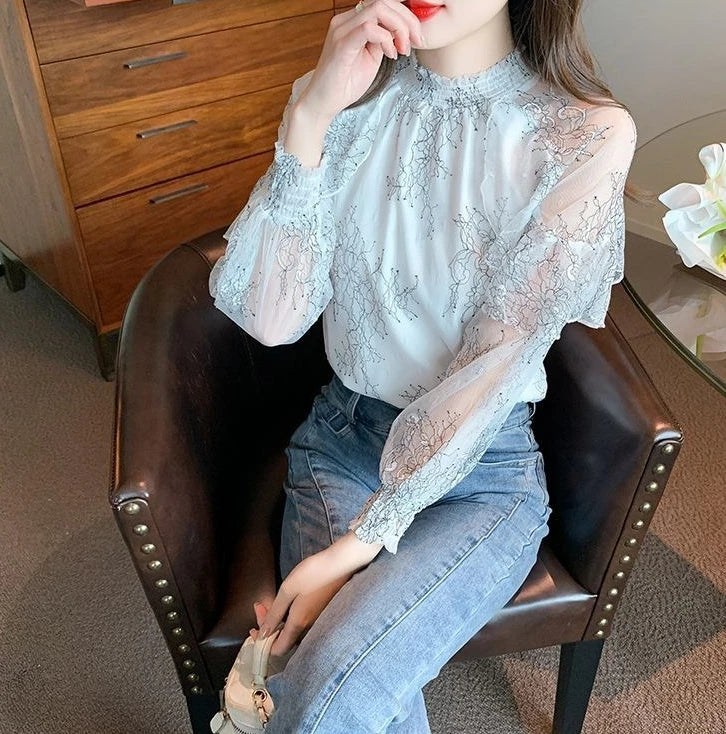 Chiffon Women's Shirt and Blouse Lace Flowers Luxury Designer Youthful Woman Clothes Vintage Clothing Female Tops Trend 2025 New