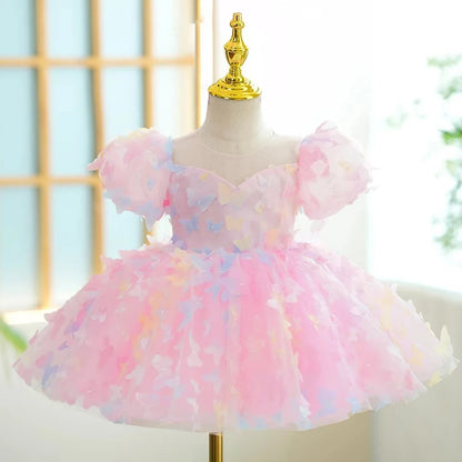 Toddler Girl Party Dress Colorful Gradient 3D Butterfly Prom Gown Girl Bow Lace Birthday Wedding Princess Summer Dresses Evening