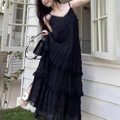 Women Dress Elegant V-neck Lace Maxi Dress for Women Solid Color Sling Dress with Multi Layer Design Stylish Loose Cut Evening