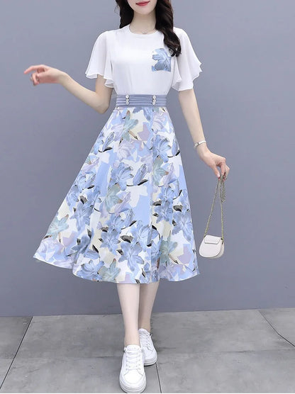 Floral Print Chiffon Dr Set Women's Summer Faion Slimming ular f-length Skirt Two-piece Set round Ne ort Sve