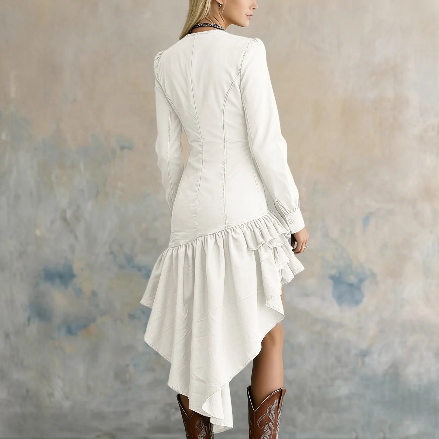 Retro Western Countryside Style Dress Ruffle Lace Collar Irregular Hem Dress Winter Women'S Fashionable Dress