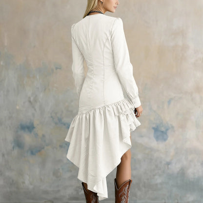 Retro Western Countryside Style Dress Ruffle Lace Collar Irregular Hem Dress Winter Women'S Fashionable Dress