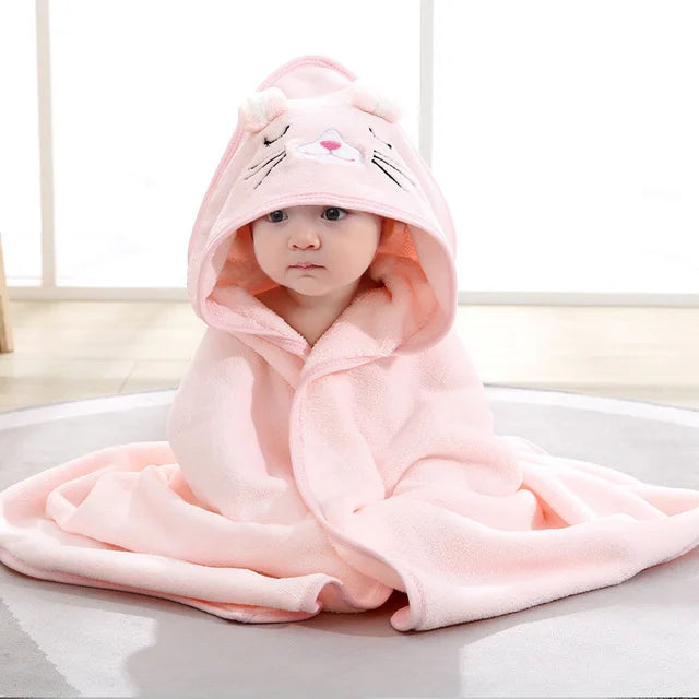 0-3 Years Unisex Baby Bathrobe Flannel Cape Cartoon Boys Girls Hooded Bathrobe Newborn Shower Gift Wrap Swaddling Bath Towel (Available)