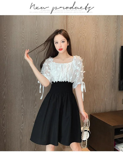 Women Summer French Style Elastic Waist Dress Korean Edition New Splicing Design Slim Half Sleeve Fairy Knee-length Dresses