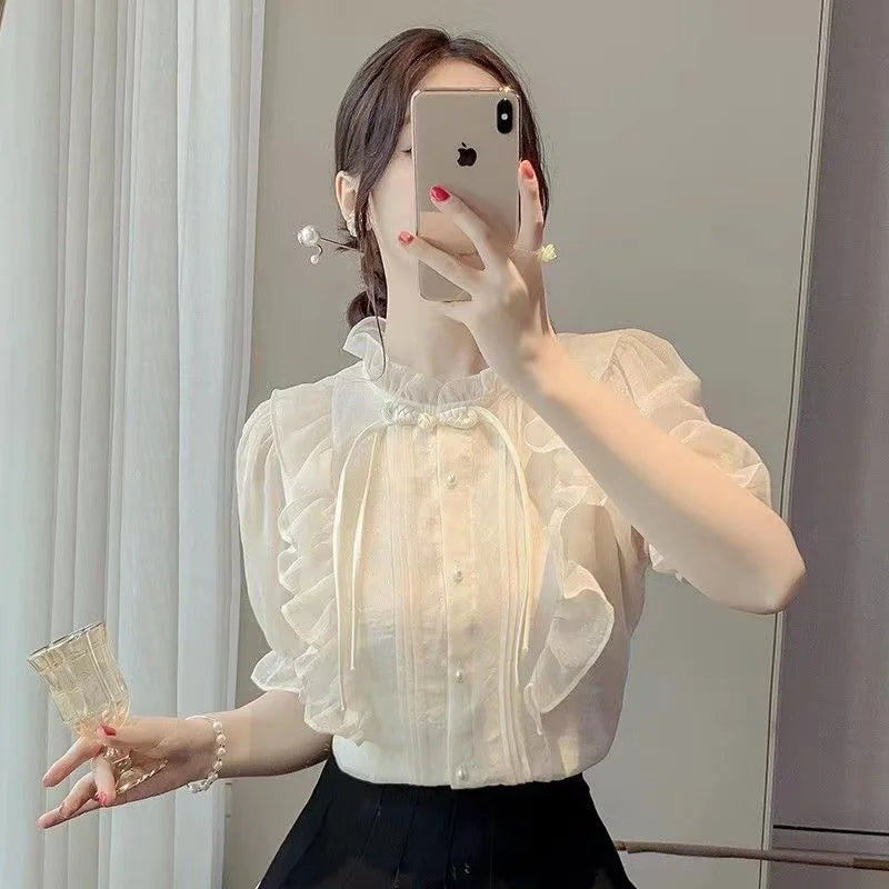 New Chinese Button French Ruffled Lace Gentle Chiffon Shirt 2025 Summer Fashion Temperament New Design Small Shirt Stylish Top