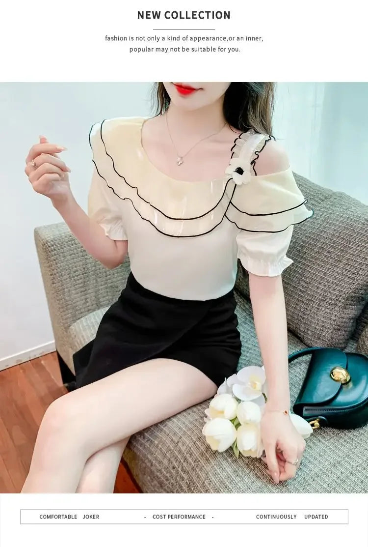 Sweet Slash Neck Off Shoulder Ruffles Blouses Female Clothing 2025 Summer New Loose Solid Color Korean Tops Puff Sleeve Shirts