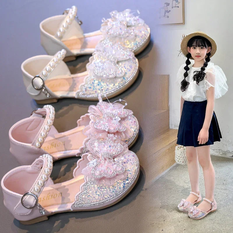Summer Roman Sandals Fashion Bow Sequins Beads Comfortable Everyday Children's Cute Casual Flat Walking Shoes Zapatos Mujer