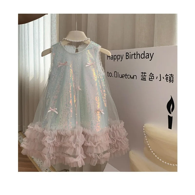 Girls' Dress, Summer New Style, Children's Butterfly Sequin Vest High-end Princess Baby Girl Dress