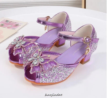 Summer High Heels Shoes for Girls Pageant Kids Sandals Child Mary Jane Shiny Princess Party Dress Up Shoes Purple Gold Pink Blue