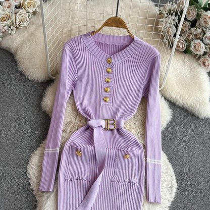 Women Dress 2025 Autumn Winter Elegant Rib Knit Long Pencil Dress with Belt Office Lady Bodycon Sweater Dress Vestidos