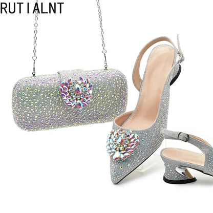 Luxury Designer Pumps Women Full Rhinestone Designer Shoe and Bag Sets From Italy