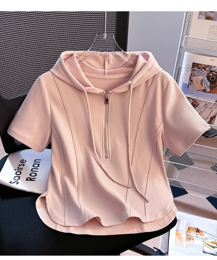 Summer New Women's Zipper Hoodie ort Sve T-irt Pure Cotton Slim Fit ort Fibone Top Korean Sle Commute Faion
