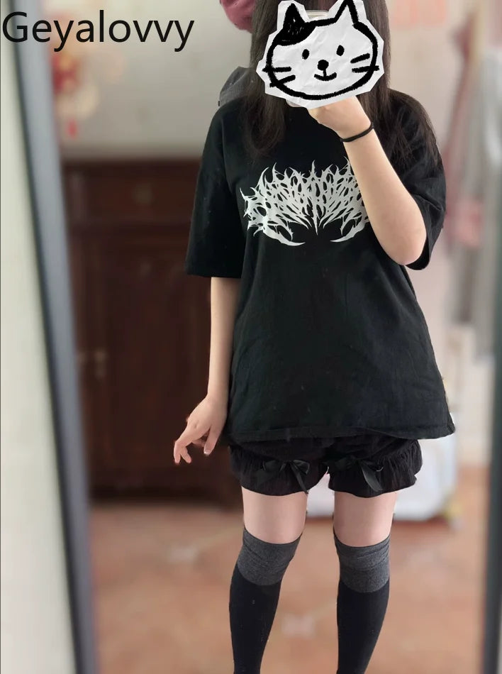 Japanese Mine Dark Goth Punk Summer Short-sleeved T-shirt Sweet Girl Couple T Shirt Versatile Print Simple Mid-length Tops