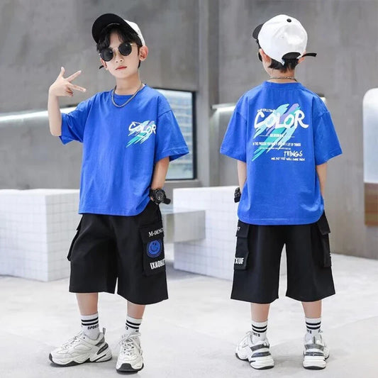 Summer 100% Cotton Boys Blue T-shirt Cool Graffiti Printed Girls Tees Short Sleeve Children Tops High Quality Kids Clothes