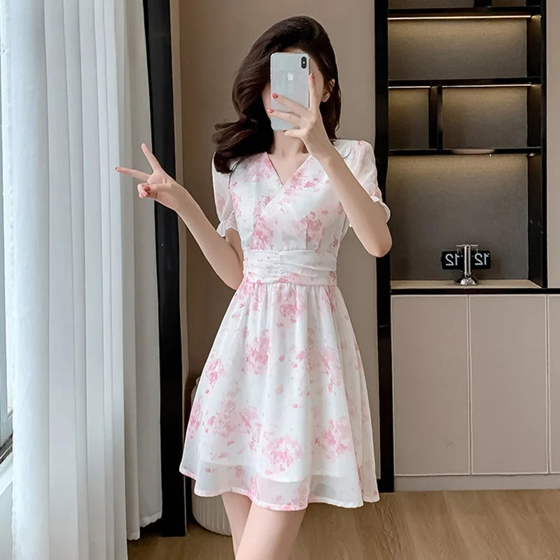 Floral Print A-Line Chiffon Dr Women's Summer 2026 New Sle Slimming ort Dr V-Ne Princ Sve Waist-Cinched