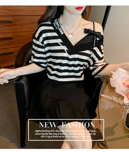 Unique Design oulder Bared ort Sve V-Ne Loose T-irt for Women  Knot Print Splice Asymmetrical Korean Sle