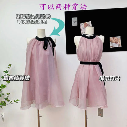 Women's Pink Halter Neck Maxi Dress With Black Bow Detail Sheer Chiffon Flowy Resort Party Dress