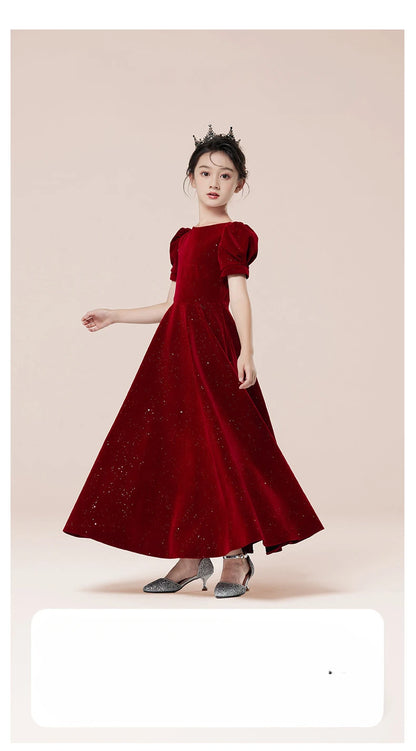 Kids Party Dress Clothing For Birthday Princess  Wine Red Piano Wedding Flower Girl 5-17 Years Old  Host Children's Formal Dress