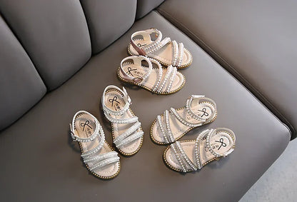 Summer Children's Sandals Korean Style Open-toe Kids Girls Causal Rhinestone Pearl Flats Sandals Fashion Princess Dress Shoes