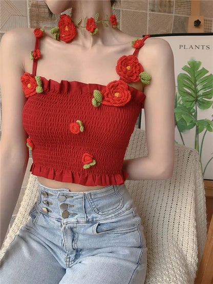 Camis Women 3D Decoration Patchwork Crop Top Slim Design Retro Classic Sexy Basic Korean Style Ulzzang Ins Holiday College Young