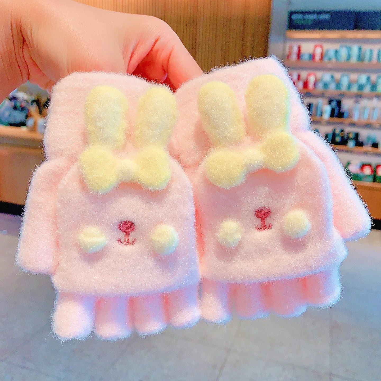Winter Plush Knitted Cartoon Rabbit Flexible Flip-top Gloves Thicken Warm Cute Gloves For Baby Girls Half Finger Children Gloves