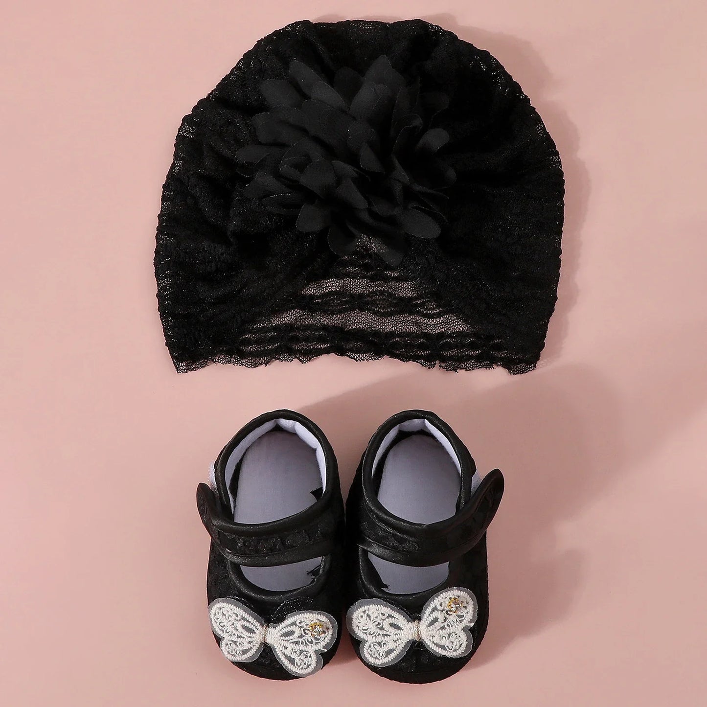 Baby Girls Princess Shoes and Turban Hat Set Bow Decor Lace Soft Non-slip Bottom First Walking Shoes