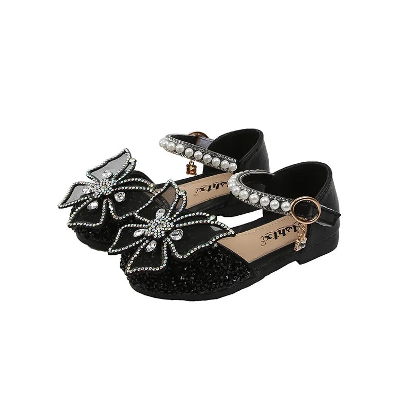 Large Crystal Bow Tie Kids Shoes for Girl Princess Beading Mary Jane Shoes Bling Prom Children  Girls Designer Shoes