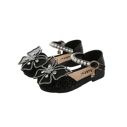 Large Crystal Bow Tie Kids Shoes for Girl Princess Beading Mary Jane Shoes Bling Prom Children  Girls Designer Shoes