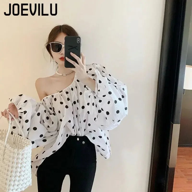 JOEVILU Polka Dot Shirt Off Shoulder Bubble Sleeve Tops Women's White Loose Simple Top French Casual Blouse In Spring and Summer