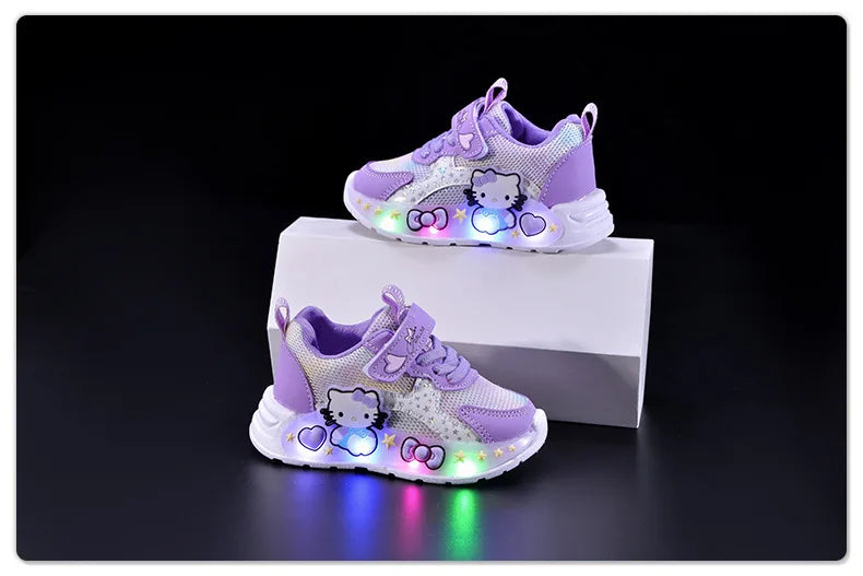Hello Kitty Led Casual Sneakers for Summer Girls Print Mesh Breathable Shoes Children Lighted Non-Slip Cute Outdoors Sport Shoes