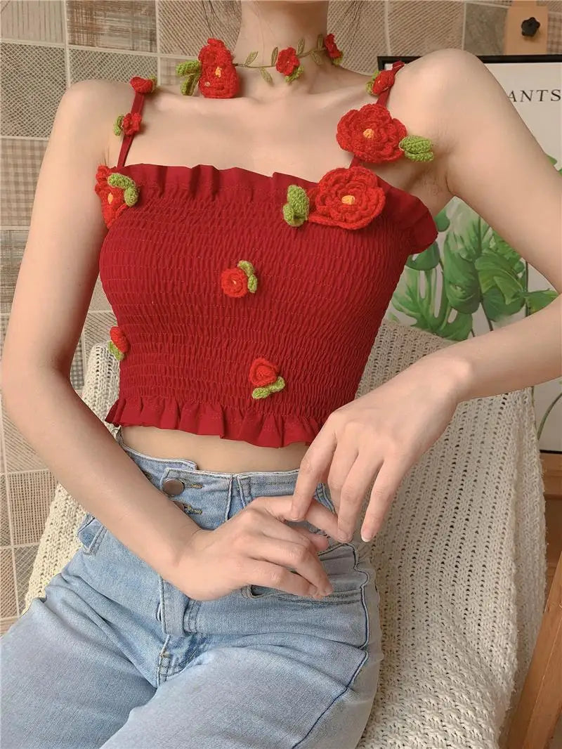 Camis Women 3D Decoration Patchwork Crop Top Slim Design Retro Classic Sexy Basic Korean Style Ulzzang Ins Holiday College Young
