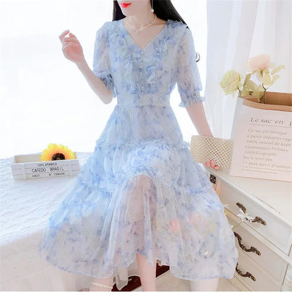 Boho Dress Women Floral Print Wrap Long Holiday Dress Ruffles Female Casual V-Neck Beach A Line Beach Dress Party Vestidos