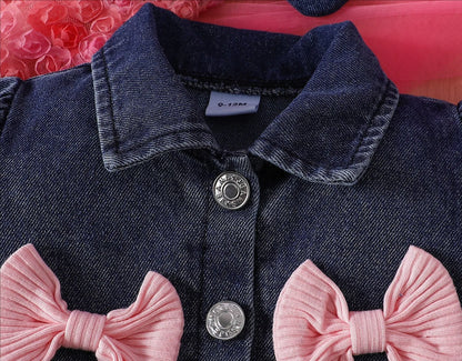 Summer 0-6Y Kids Clothes Girls Denim Collar Short Jacket 2pcs Set Sling Dress Bowknot Tulle Puff Skirt Girl Outfit