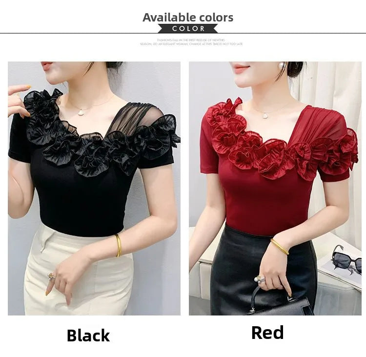 Faionable Floral Lace Ear ort Sve Slimming Me oulder Bared T-Shirt Women's Casual Sle Polyester Fabric Tee irt