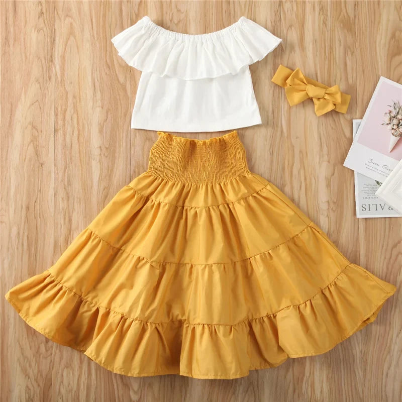 Toddler Kid Baby Girl Clothes Sets Children Outfits Summer Ruffle Off Shoulder Tops Skirts Holiday Clothing (Available)