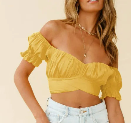 New lantern short sleeved umbilical cord sexy short shirt pleated women's shirt slim fit top for women